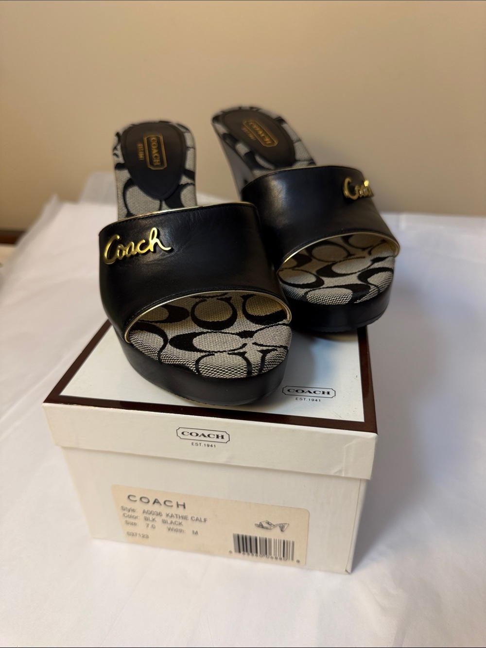 Coach Black Leather Slide Sandals with Signature Monogram Inlay - 401